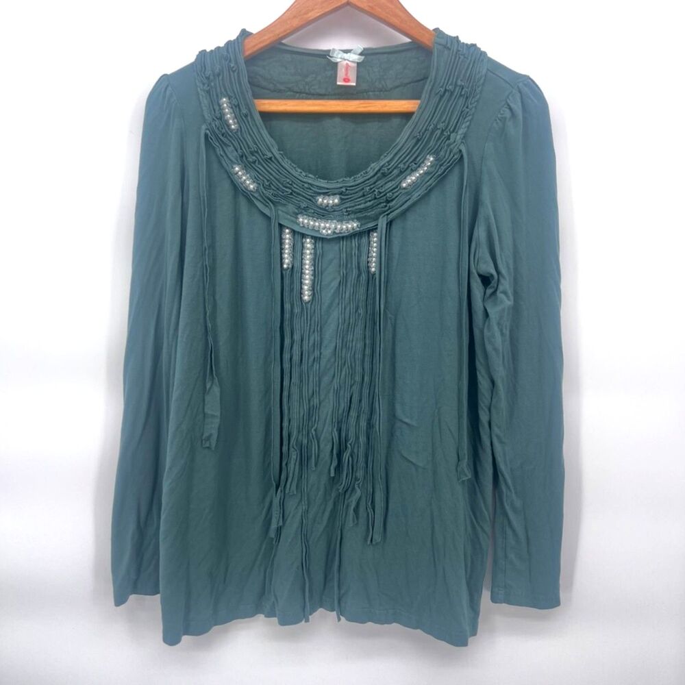 Downeast Boho Twisted Tshirt Neckline & Fringe Embellished Blouse Size MD